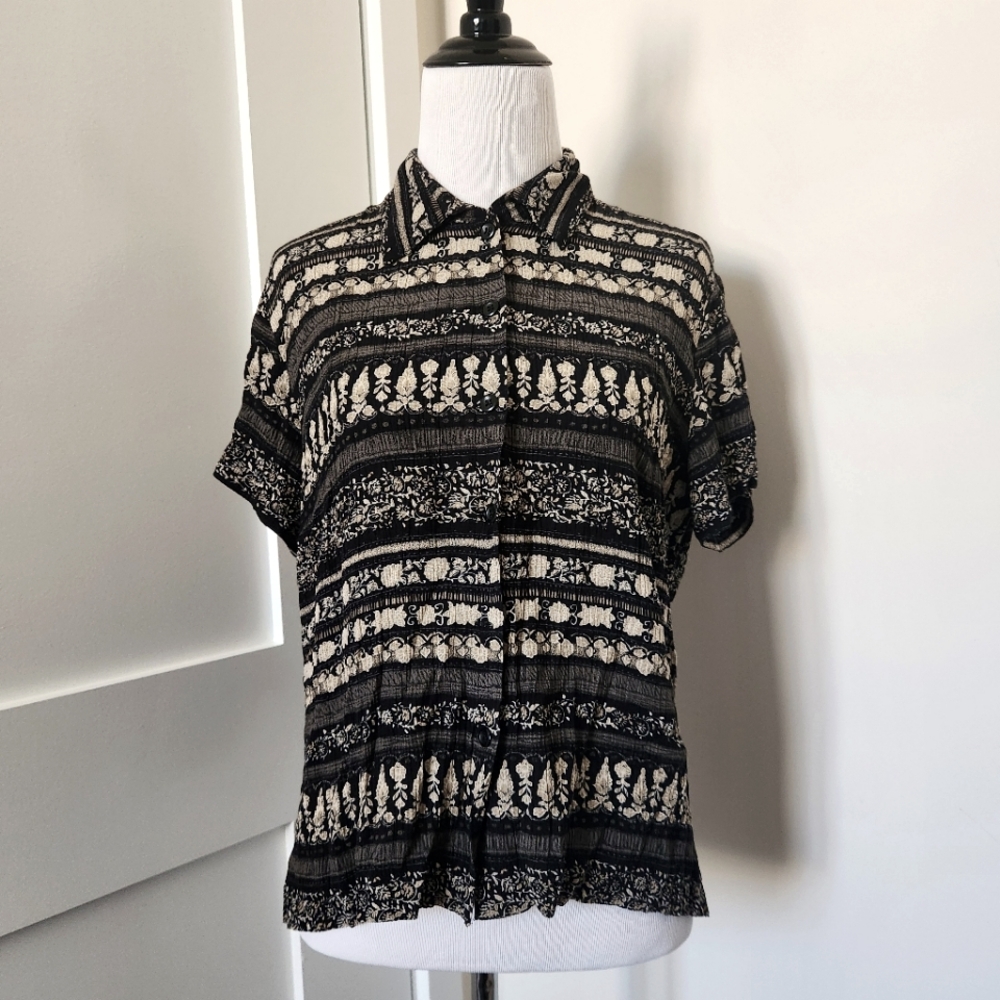 NWT Vintage Norton McNaughton Black/cream pattern button-down blouse Petite L